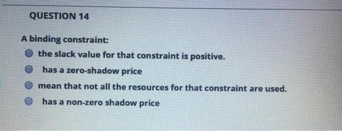 QUESTION 14 A binding constraint: the slack value