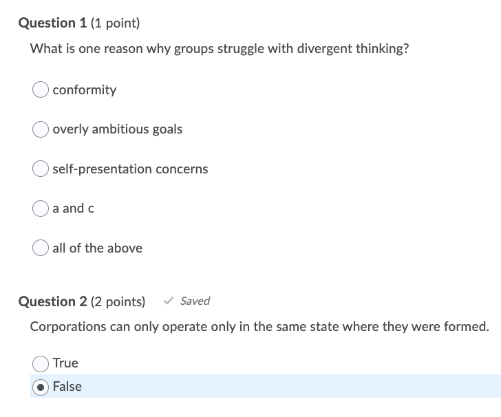 Question 1 (1 point) What is one reason why