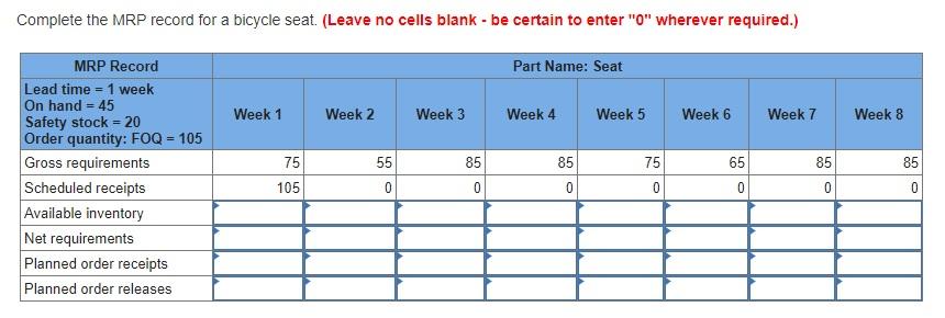 Complete the MRP record for a bicycle seat.