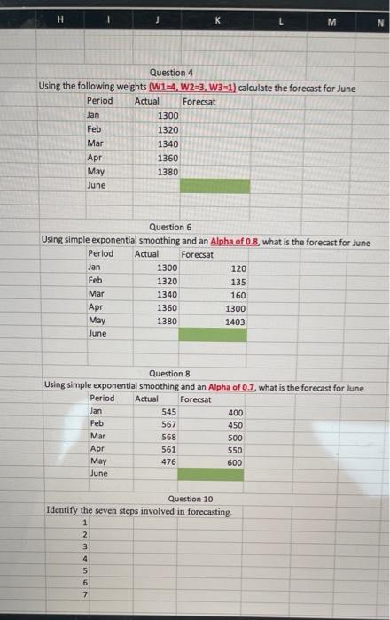 Question 6 Jsing simple exponential smoothine and