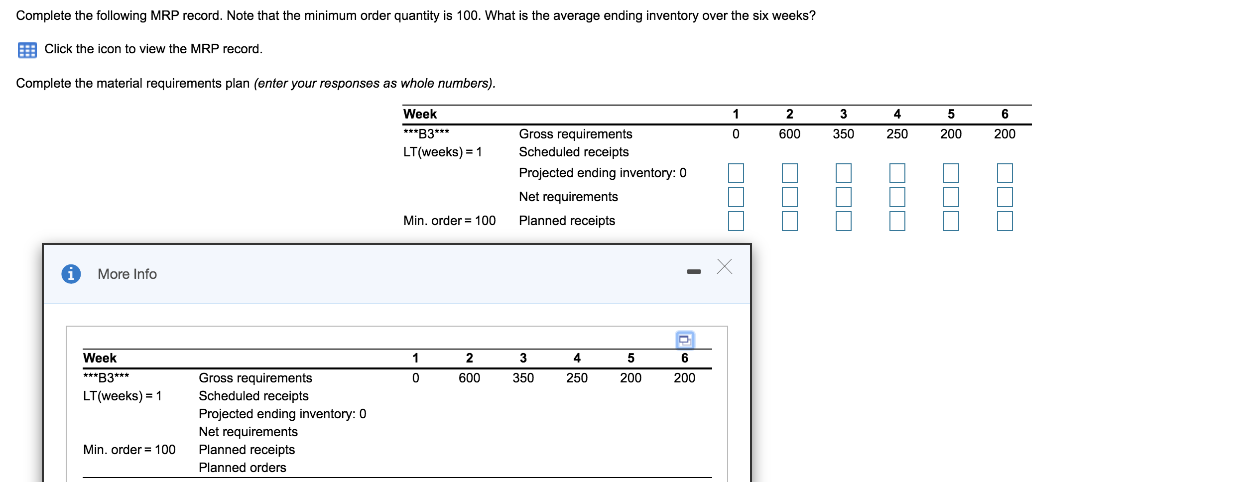 Complete the following MRP record. Note that the