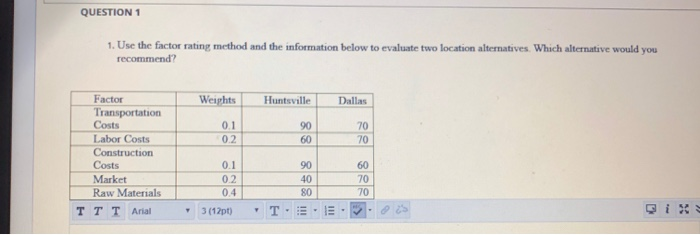 QUESTION 1 1. Use the factor rating method and
