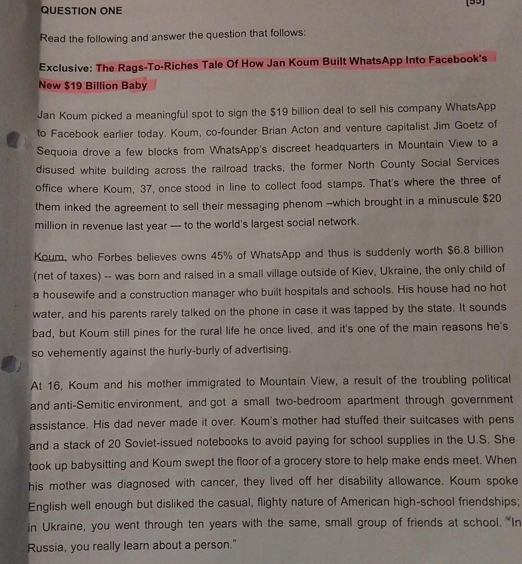 QUESTION ONE Read the following and answer the