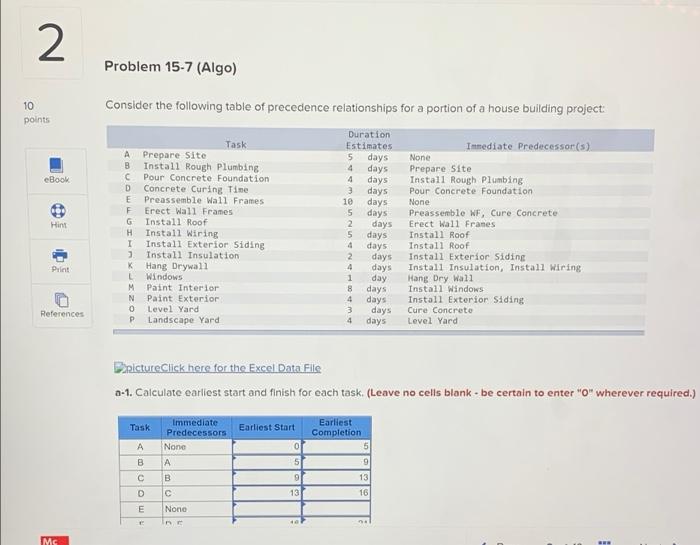 2 Problem 15-7 (Algo) 10 points Consider the