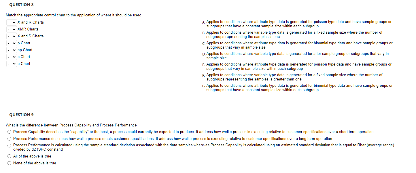QUESTION 8 Match the appropriate control chart to