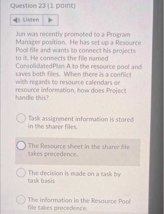Help! Question 23 (1 point) 1) Listen Jun was