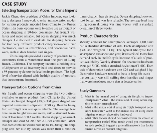 CASE STUDY Selecting Transportation Modes for