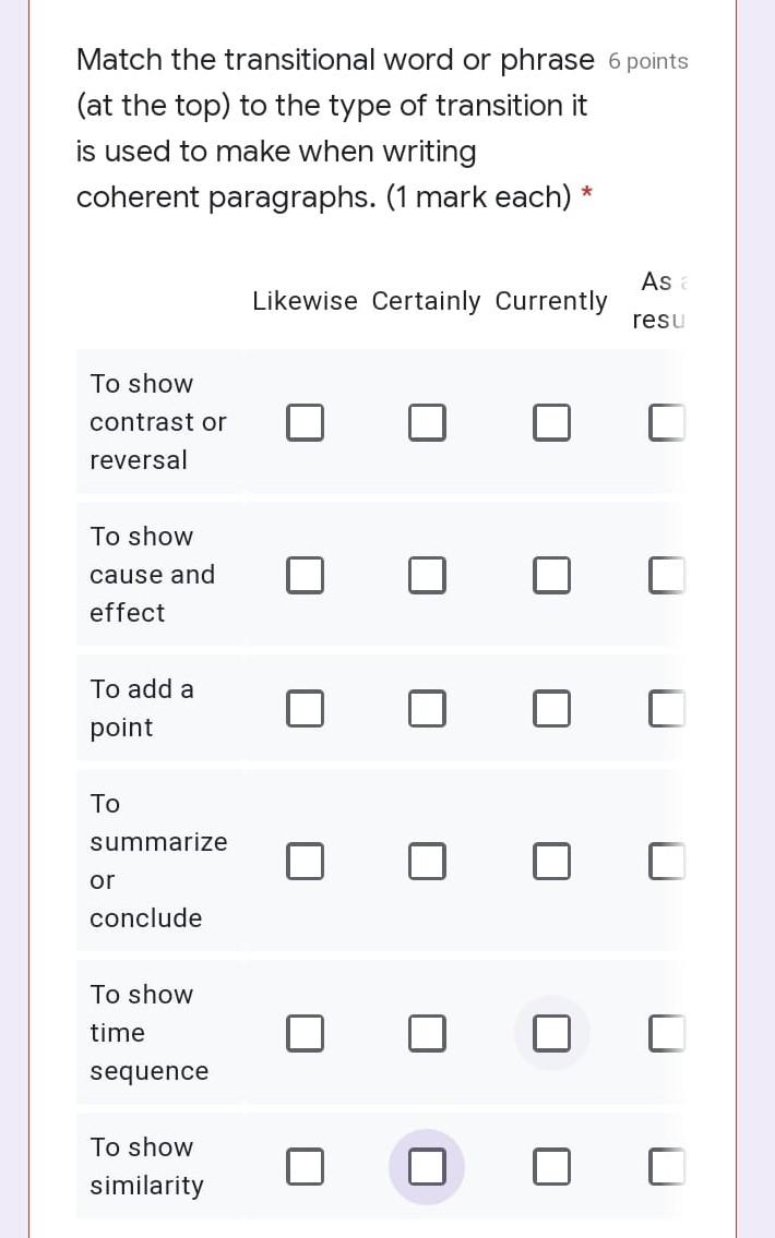Match the transitional word or phrase 6 points