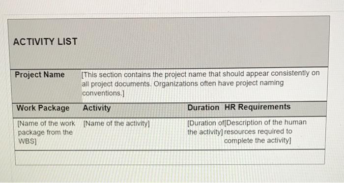 Note: project name - MGMT2060 ACTIVITY LIST