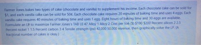 Farmer Jones bakes two types of cake (chocolate