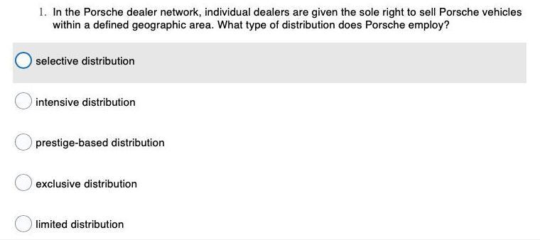 Q 1. In the Porsche dealer network, individual