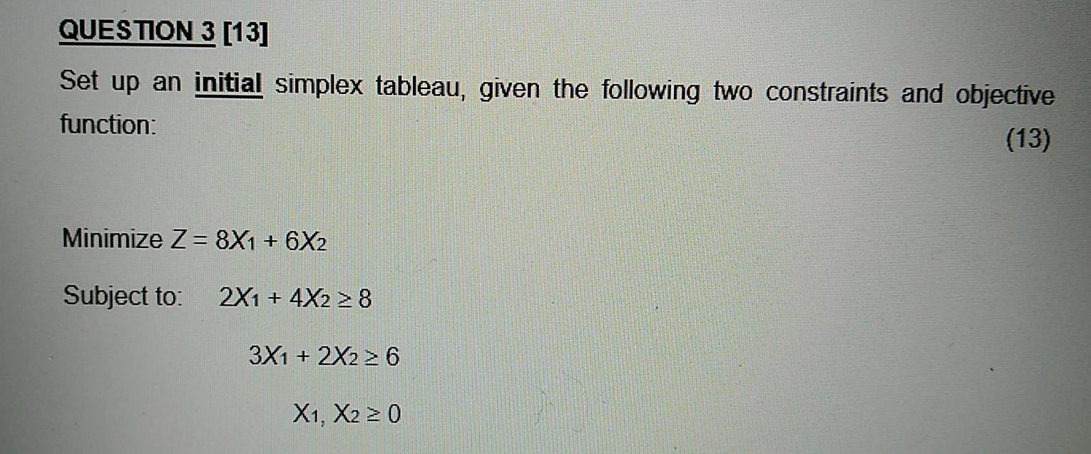 QUESTION 3 [13] Set up an initial simplex