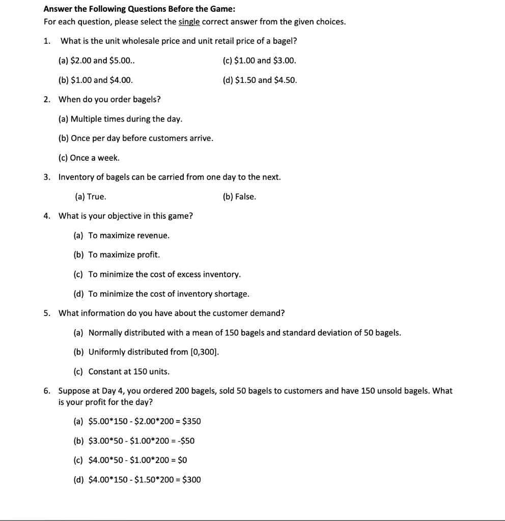 Answer the Following Questions Before the Game: