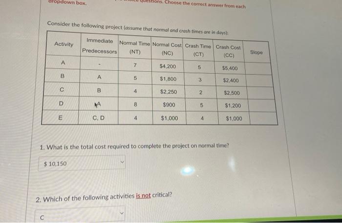dropdown box que ons. Choose the correct answer