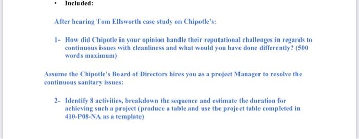 2- Identify 8 activities, breakdown the sequence