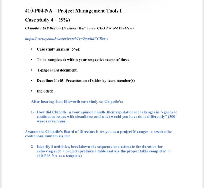 2- Identify 8 activities, breakdown the sequence