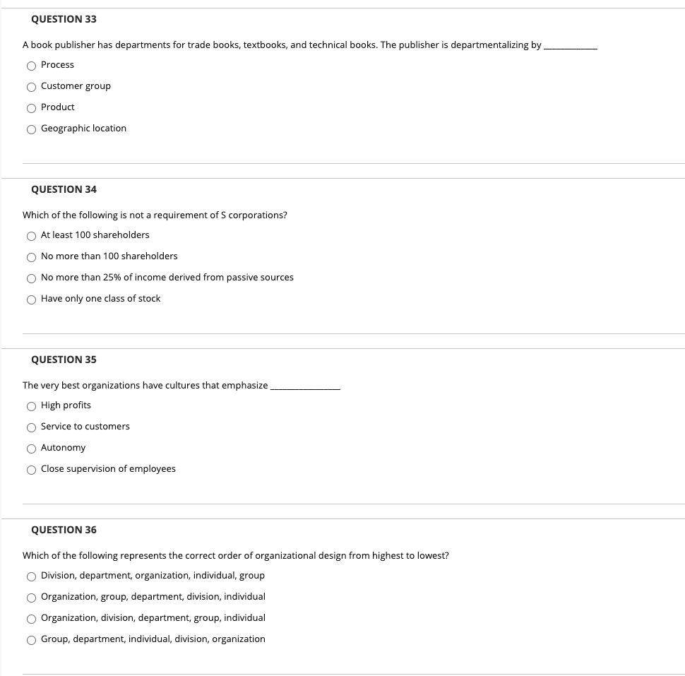 QUESTION 33 A book publisher has departments for