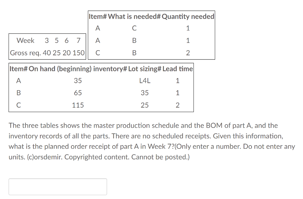 Item# What is needed# Quantity needed A C 1 Week