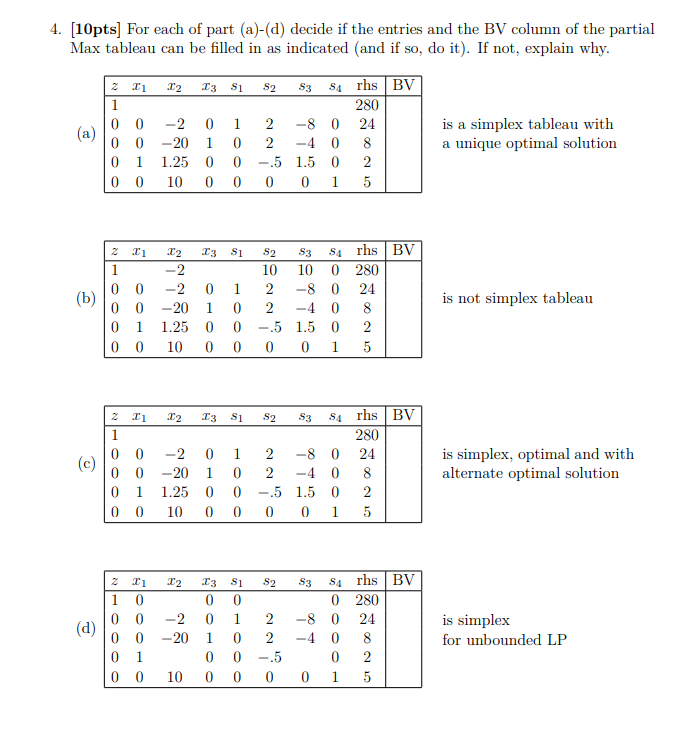 4. [10pts] For each of part (a)-(d) decide if the