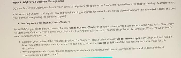 Week 1 - DQ1: Small Business Management DQ's are