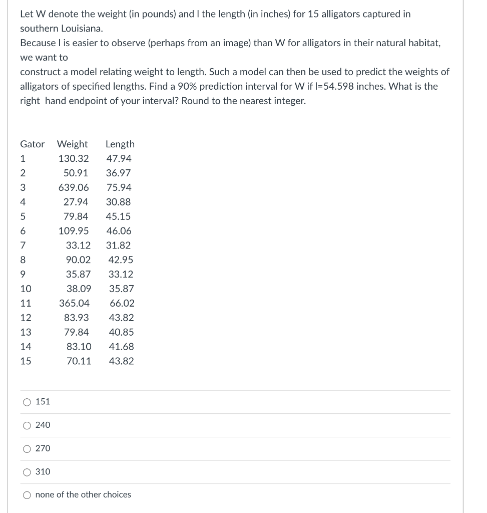 Let W denote the weight (in pounds) and I the