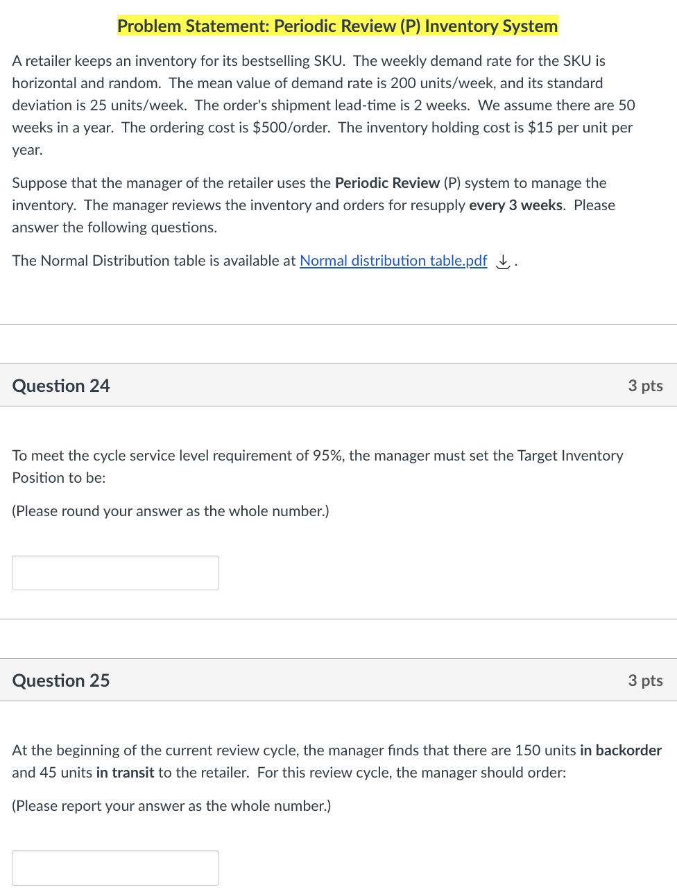 Problem Statement: Periodic Review (P) Inventory