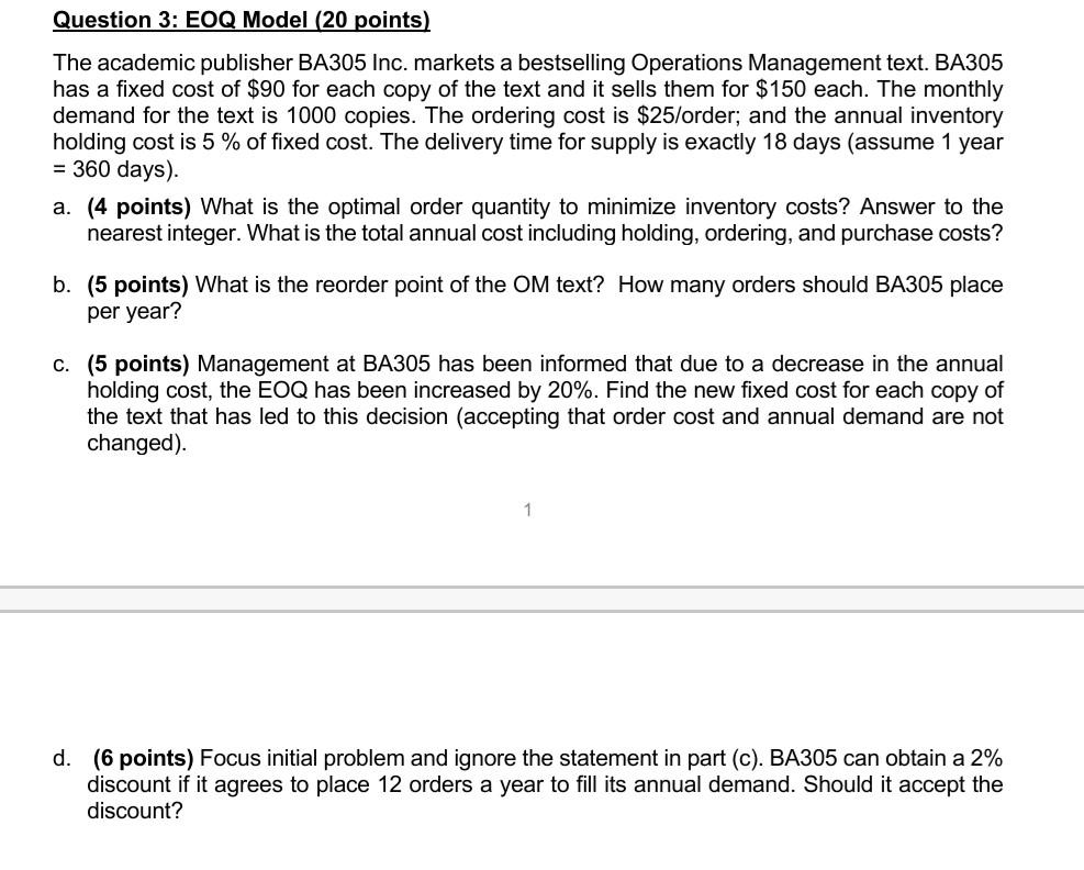 Question 3: EOQ Model (20 points) The academic
