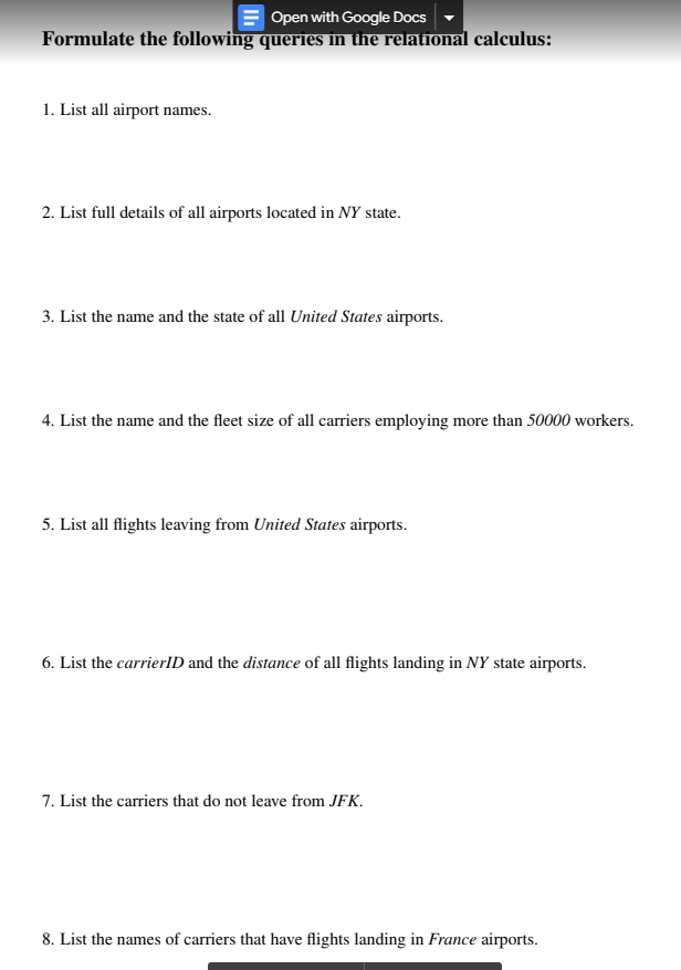 Consider the following database instance. Airnort