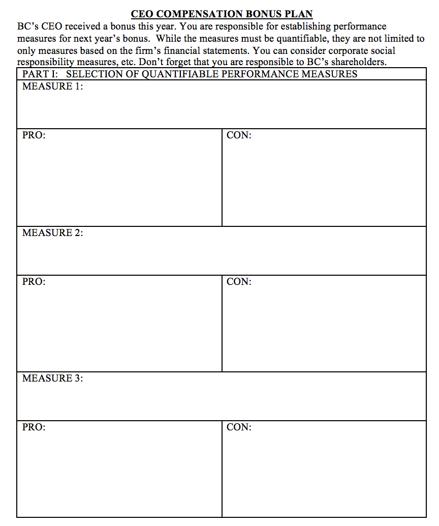 CEO COMPENSATION BONUS PLAN BC's CEO received a