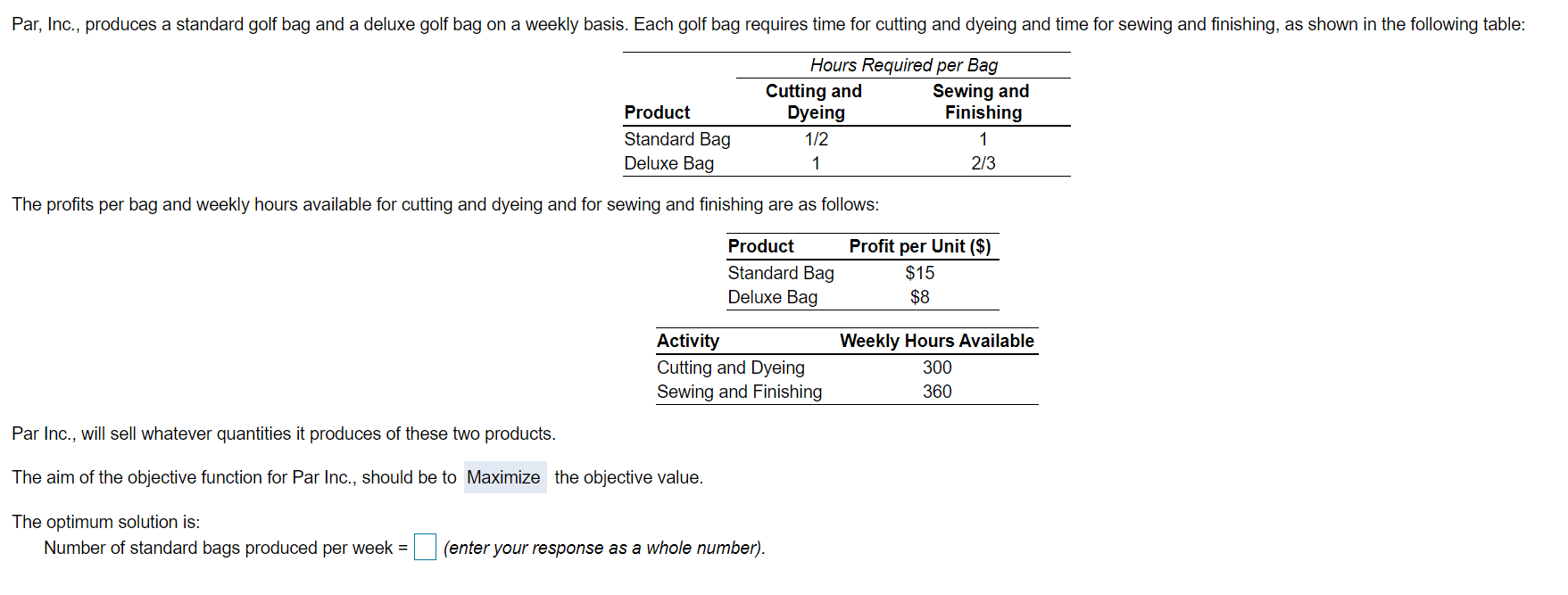 Par, Inc., produces a standard golf bag and a