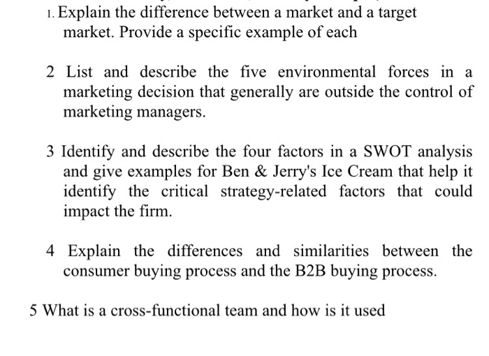 1. Explain the difference between a market and a