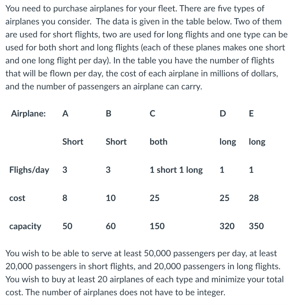 1. How many airplanes of type A should be