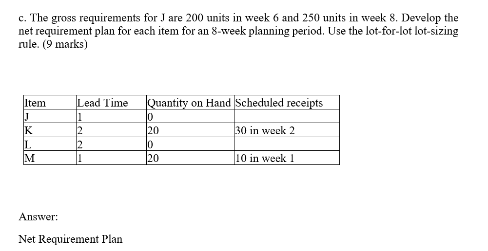 Material Requirement Planning (14 marks) The
