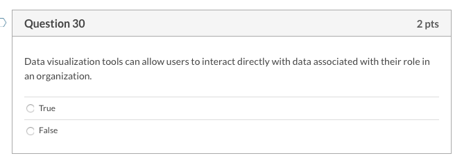Question 30 2 pts Data visualization tools can