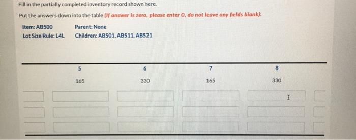 Fill in the partially completed inventory record
