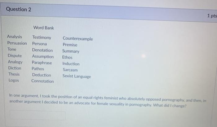 Question 2 1 pts Word Bank Analysis Testimony