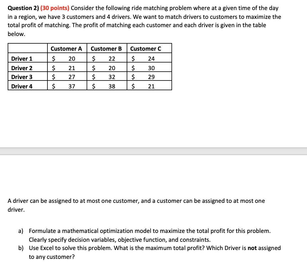 Question 2) (30 points) Consider the following