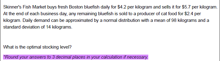 please type your answer Skinner's Fish Market