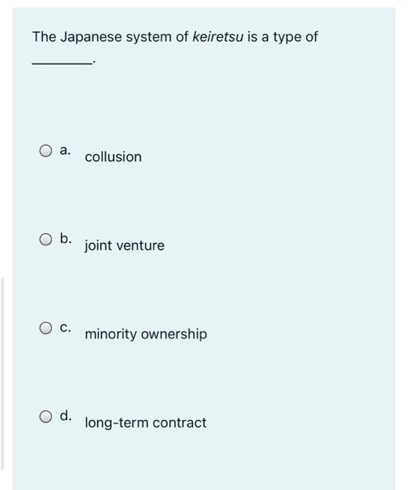 The Japanese system of keiretsu is a type of a.
