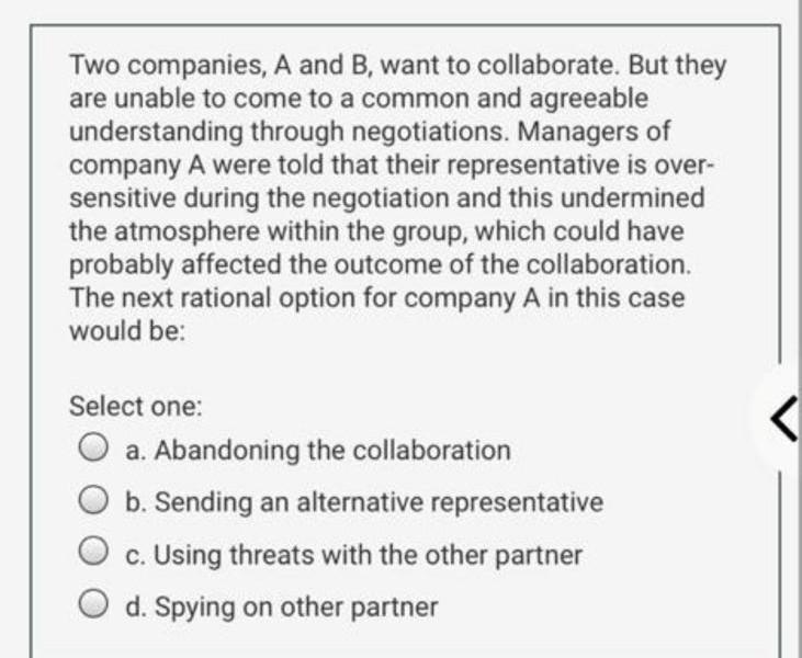 Two companies, A and B, want to collaborate. But