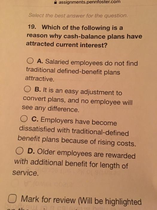 assignments.pennfoster.com Select the best answer