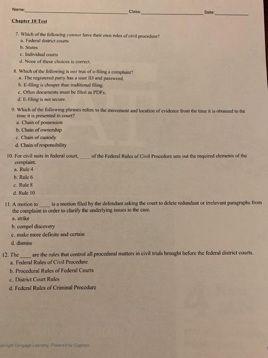 Name Class: Dale Chapter 10 Test 7. Which of the