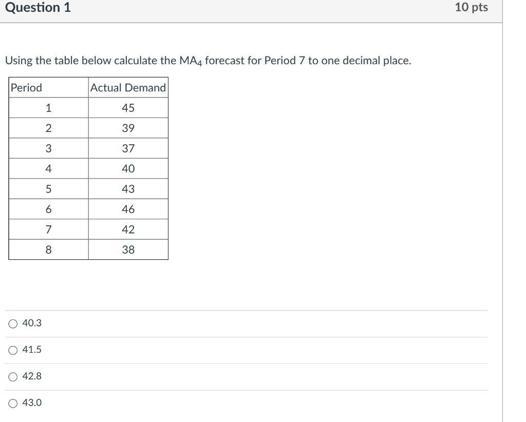 Question 1 10 pts Using the table below calculate