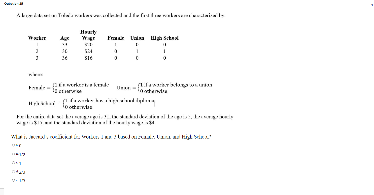 Question 25 A large data set on Toledo workers