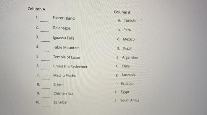Column A Column B 1. Easter Island a Tunisia 2.