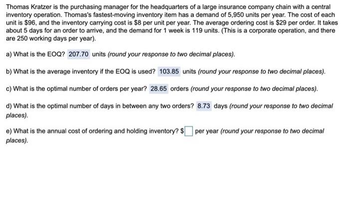 Help With e) Thomas Kratzer is the purchasing