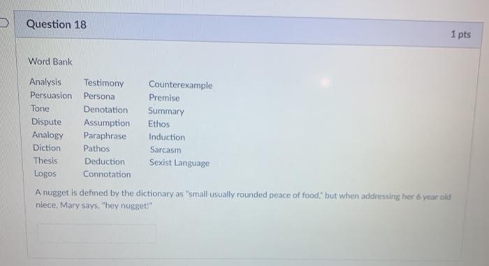 Question 18 1 pts Word Bank Analysis Testimony