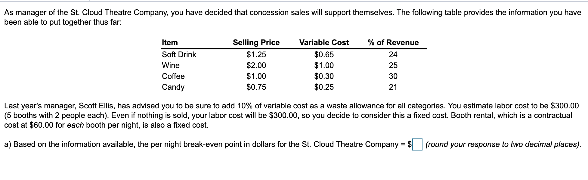 As manager of the St. Cloud Theatre Company, you