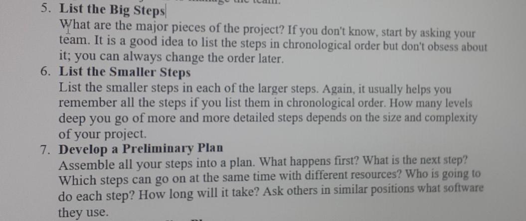 5. List the Big Steps What are the major pieces