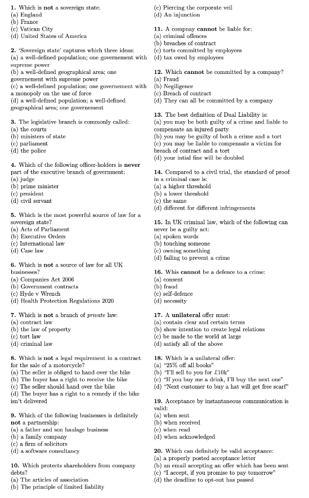 1. Which is not a sovereign state: (a) England